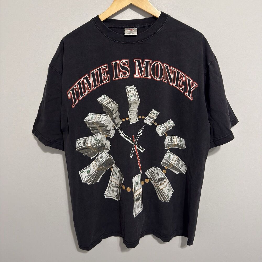 Y2K Big Tiger Time Is Money Rhinestone Graphic T Shirt Mens XL Faded Black